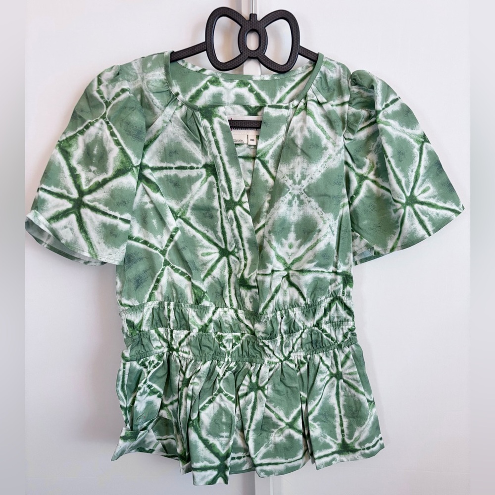 Anthropologie Green & White Tie Dye Blouse Boho Resort XXS